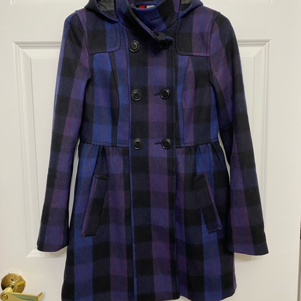 Divided, H&M: Black/Blue/Purple Plaid Hooded Double Breasted Baby Doll Pea Coat